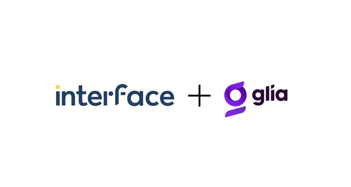 Logos of "interface" and "glia" with a plus sign, indicating a partnership or merger.