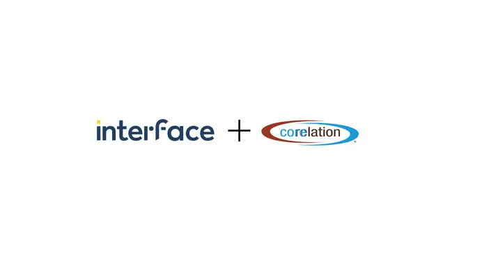 Two logos "interface" and "corelation" separated by a plus sign on a white background.