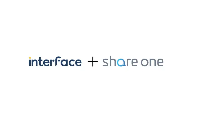 Text "interface + share one" with stylized lettering on a white background.