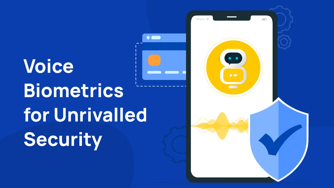 Graphic of a smartphone displaying voice biometrics technology with security icons.