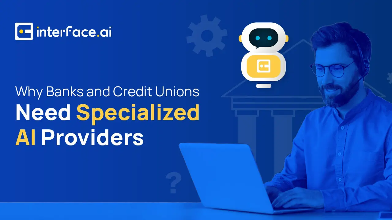 Promotional image for interface.ai on specialized AI for banks and credit unions with graphics.
