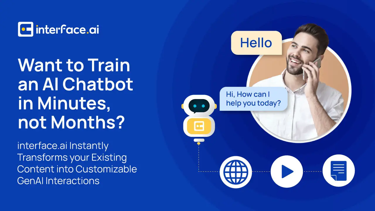 Promotional graphic for Interface.ai with a chatbot, text bubbles, and icons emphasizing AI chatbot training.