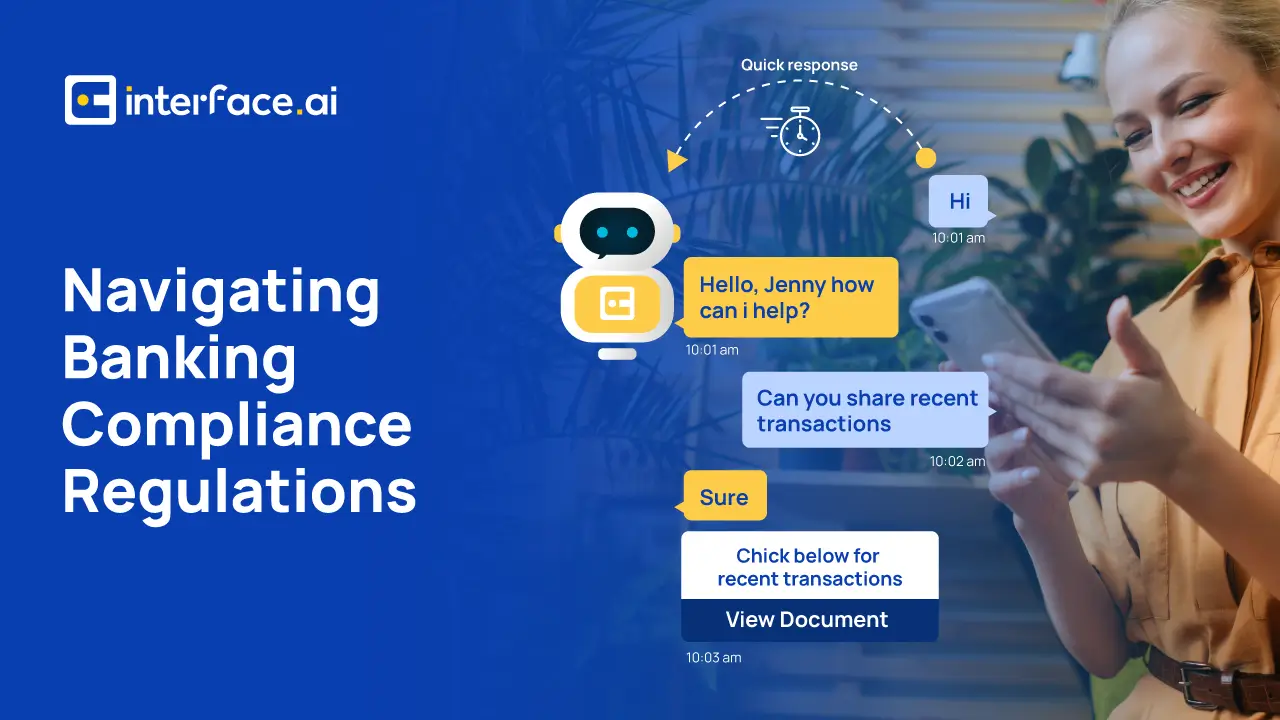 A promotional image for a banking compliance chatbot with a conversation UI and text bubbles.