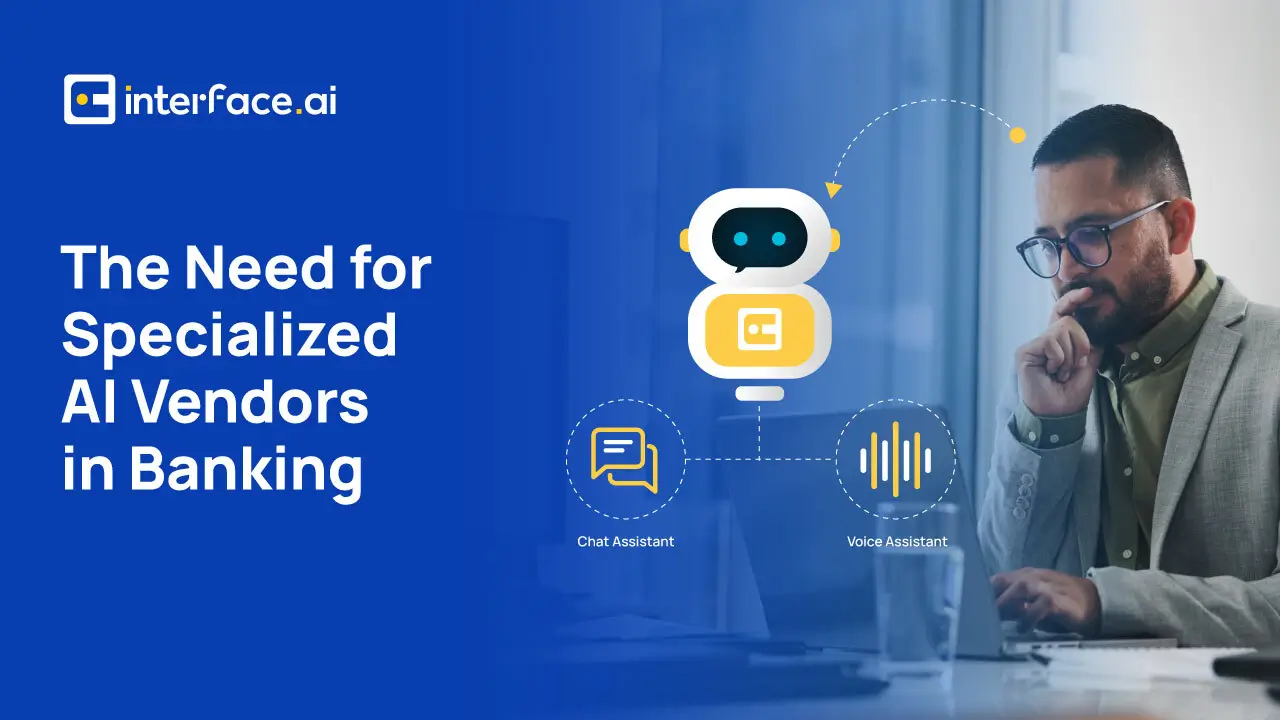 Promotional image highlighting the importance of AI vendors in banking, featuring a chatbot icon and voice assistant graphics.