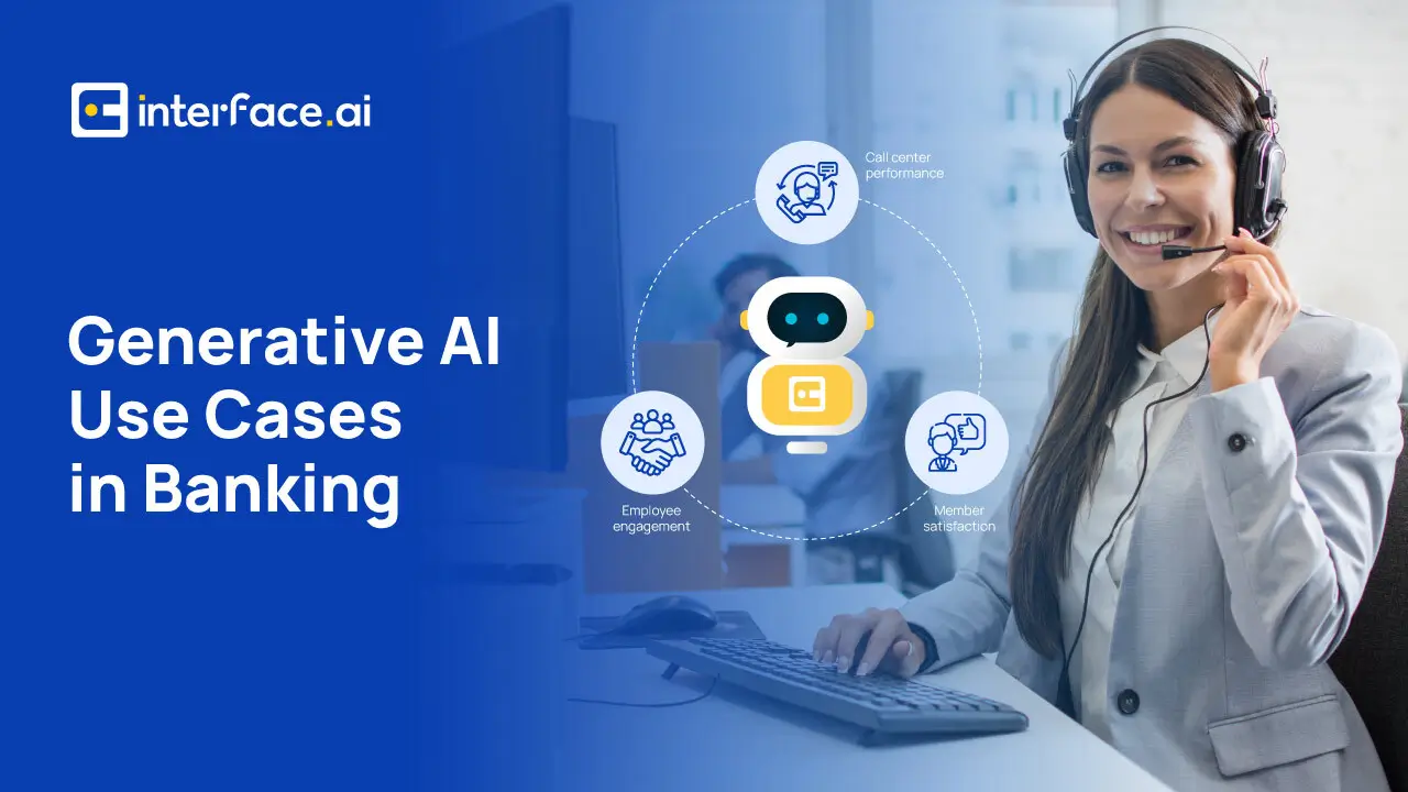 Promotional image for "Generative AI Use Cases in Banking" with icons for different service areas.