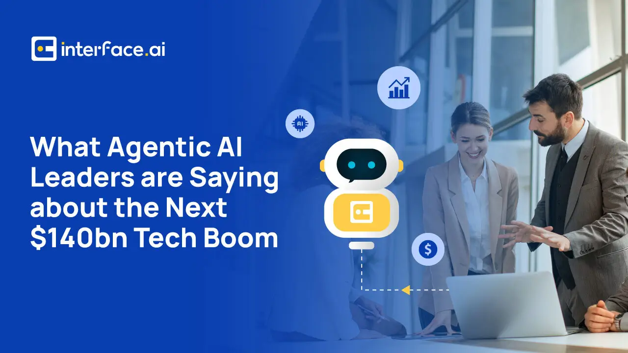 Business professionals discussing with a robot icon about AI's impact on a future tech boom.