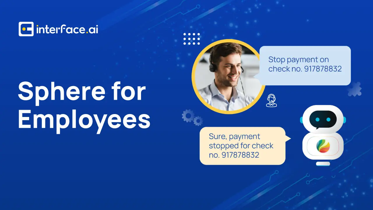 Promotional graphic for "Sphere for Employees" with text bubbles showing a payment stop request and confirmation.