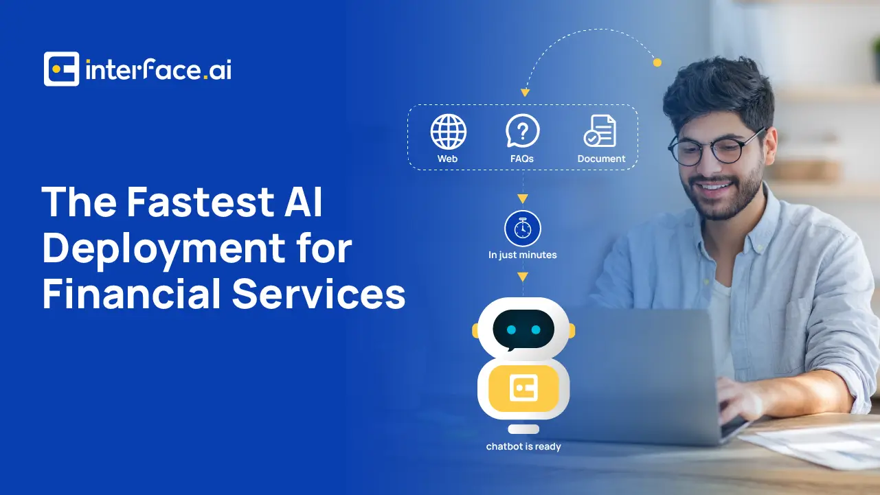 A promotional graphic for AI deployment in financial services with an illustration of a chatbot.